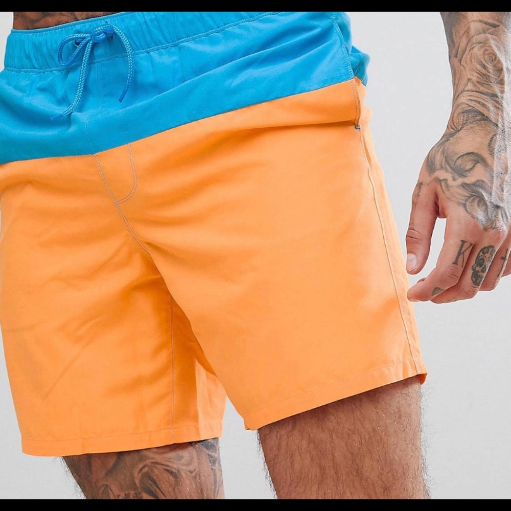 ASOS SWIM SHORTS IN BLUE & ORANGE PANELS